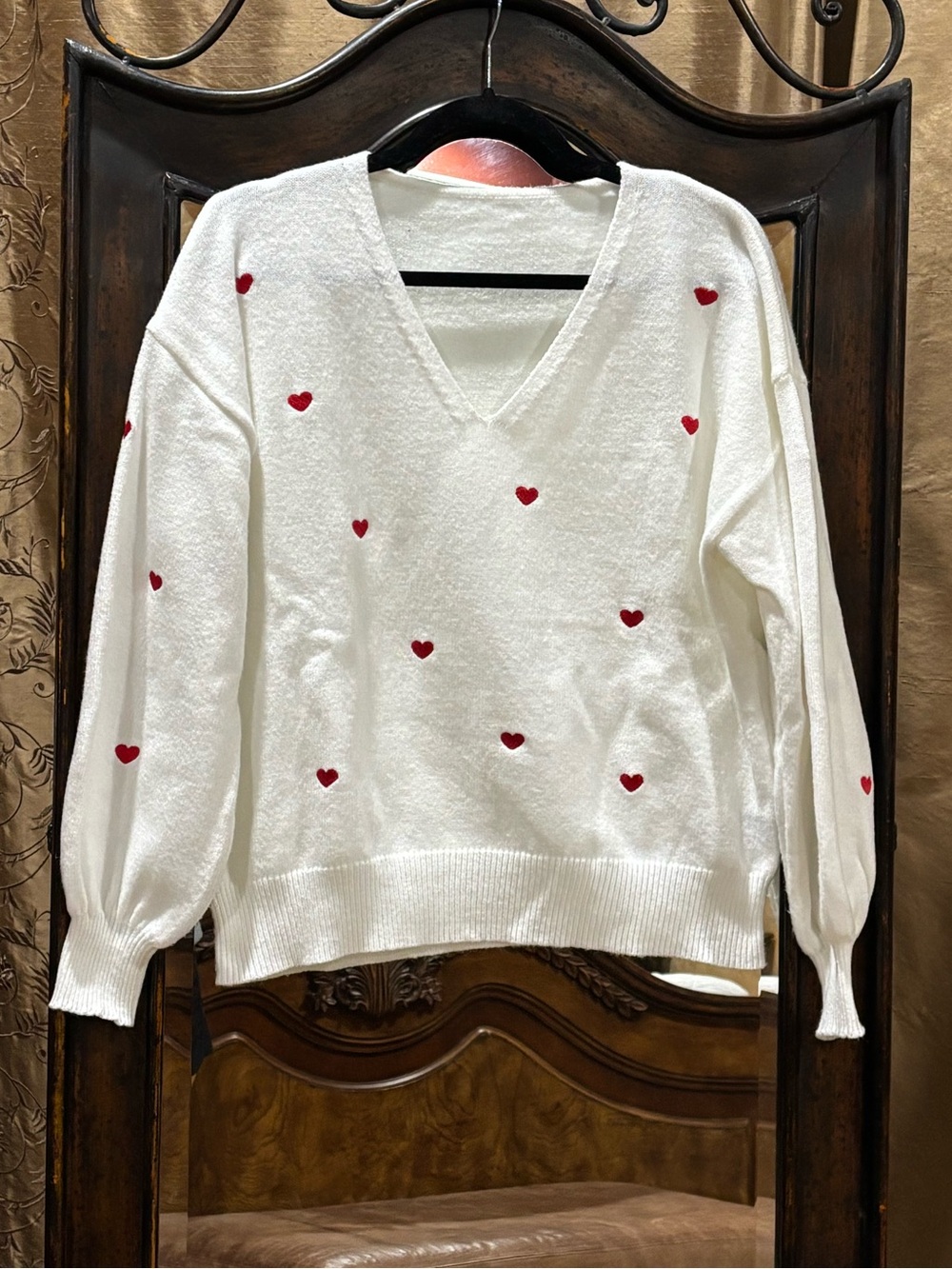 SHEIN White V-Neck Sweater with Red Heart Accents